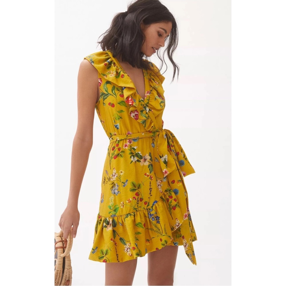 ANTHROPOLOGIE | Maeve Floral Wrap Style Mini Dress in Gold Motif, Size Small